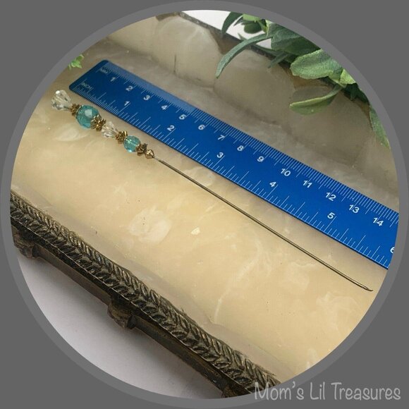 Turquoise Blue & Clear Crystal - Gold Tone Findings- 6” Pin • Hatpin • 4/25 - Picture 6 of 11